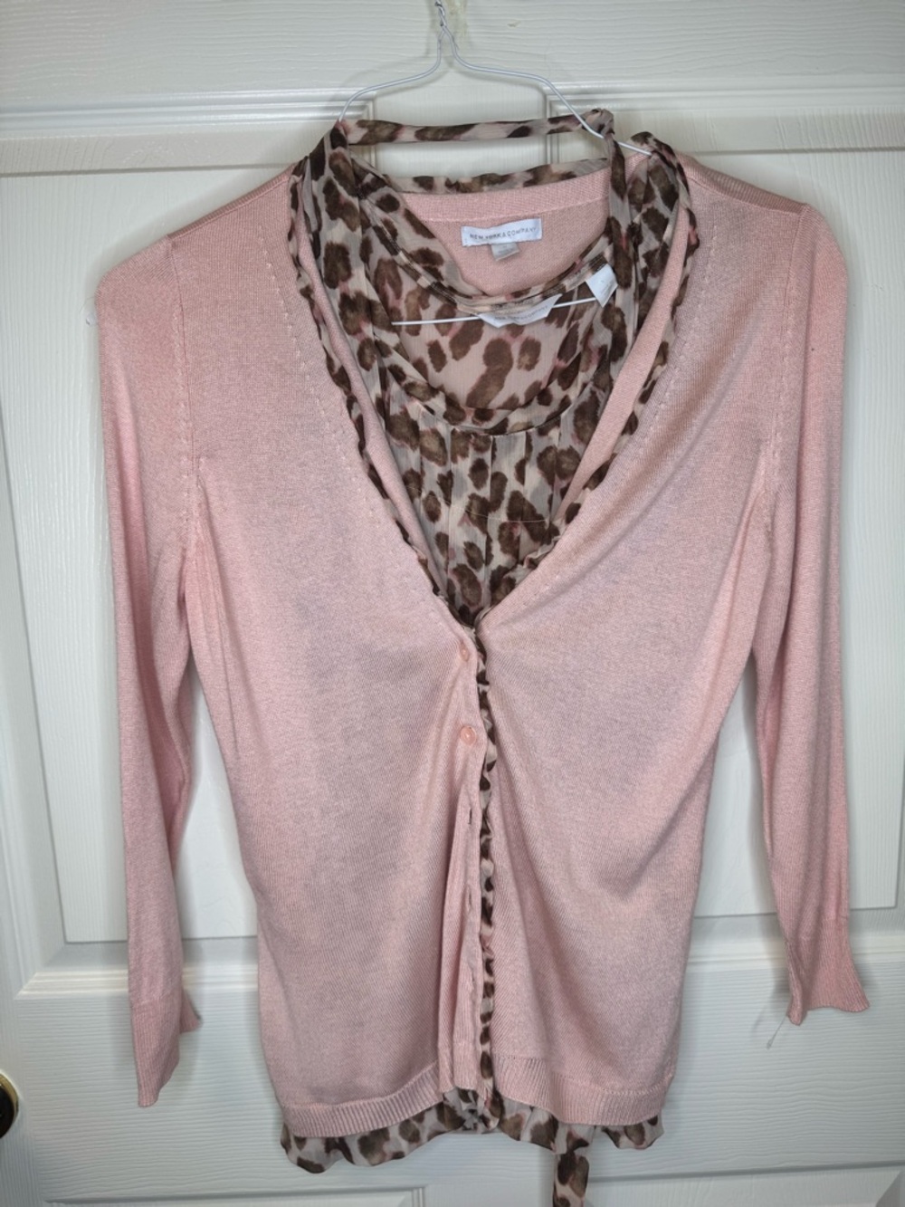 New York & Company Blush Pink Cardigan with Leopard Print Trim Medium Sweater